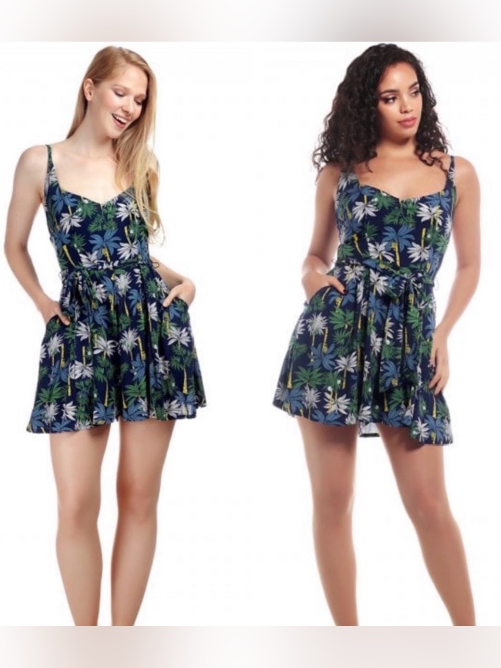 Collectif Sienna Blue Green Palm Tree Playsuit Belted Romper S
